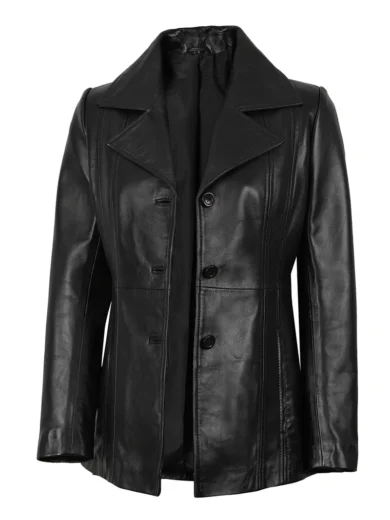 Womens Black Leather Blazer with Three Button