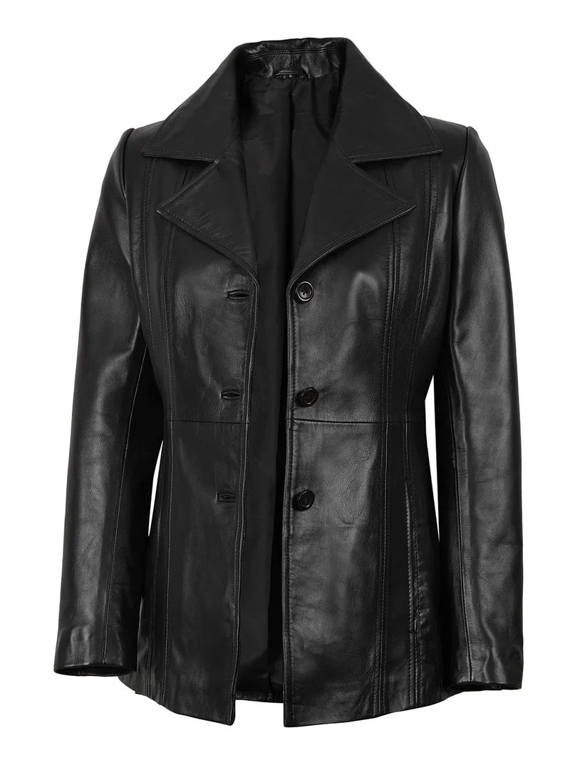 Womens Black Leather Blazer with Three Button
