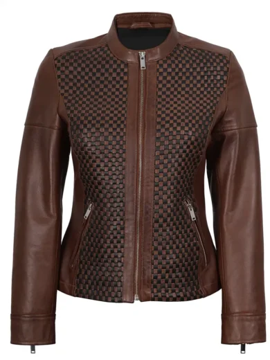 Women Brown Textured Cafe Racer Leather Jacket