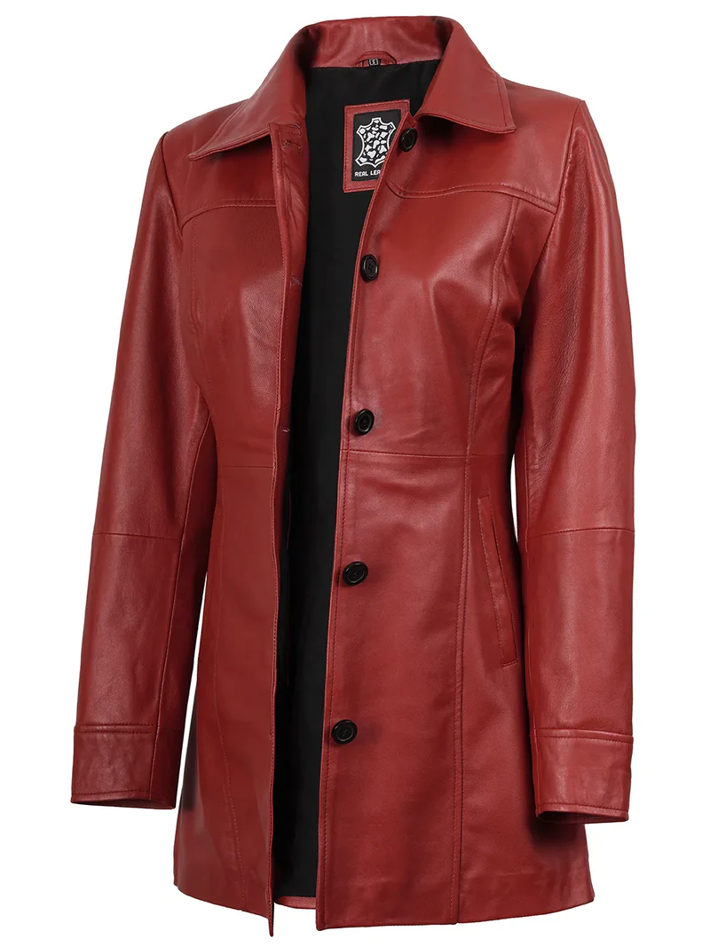 Kandis Women Red Real Leather Car Coat