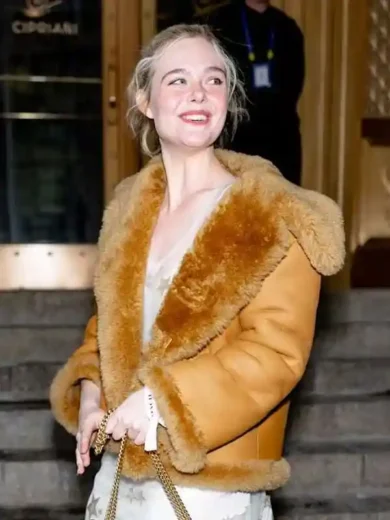 NYC 2026 Elle Fanning Brown Shearling Jacket