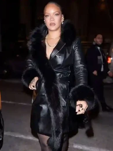 NYC 2026 Rihanna Black Leather Trench Coat