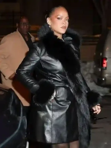 NYC 2026 Rihanna Black Leather Trench Coat