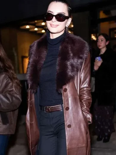 NYFW 2026 Emily Ratajkowski Brown Leather Coat