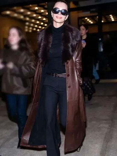 NYFW 2026 Emily Ratajkowski Brown Leather Coat