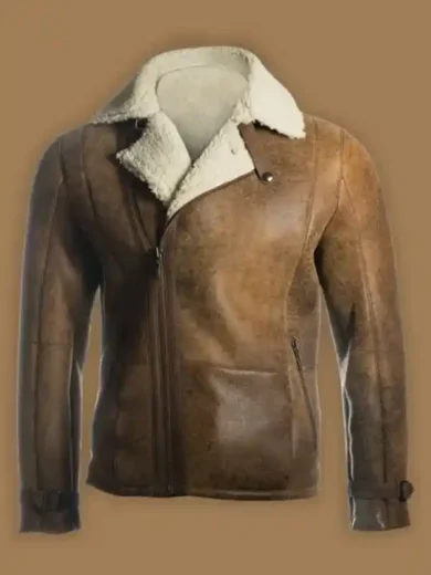 Men Brown Distressed Shearling Leather Jacket