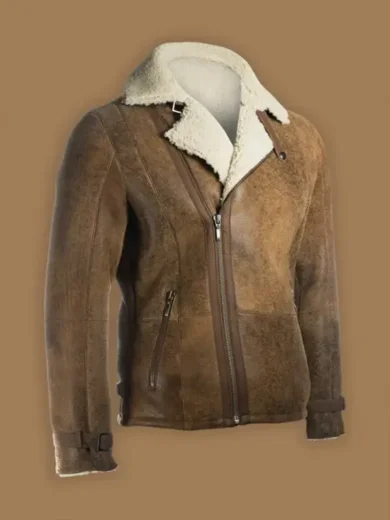 Men Brown Distressed Shearling Leather Jacket