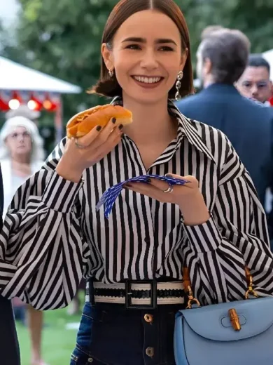 Emily In Paris S5 Lily Collins Striped Puff Sleeve Shirt