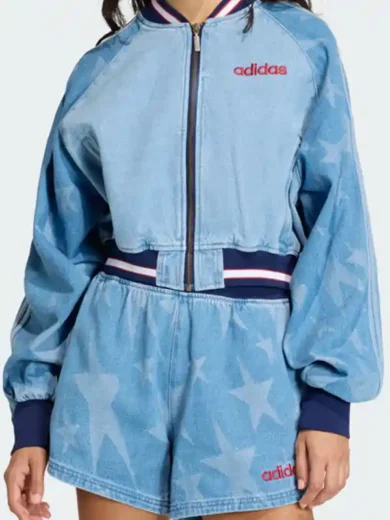 Adidas Denim Graphic Varsity Bomber Jacket